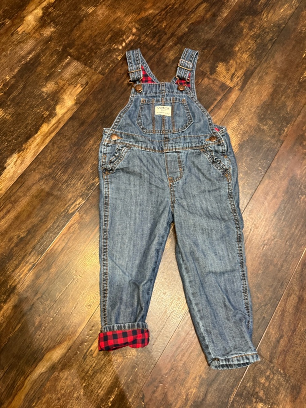Girl’s OshKosh B’gosh Vestback Plaid Lined Denim Overalls Size  2T